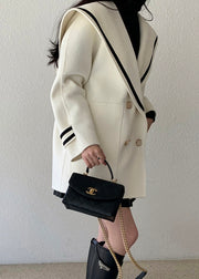 French Beige Sailor Collar Double Breast Pockets Woolen Coats Winter