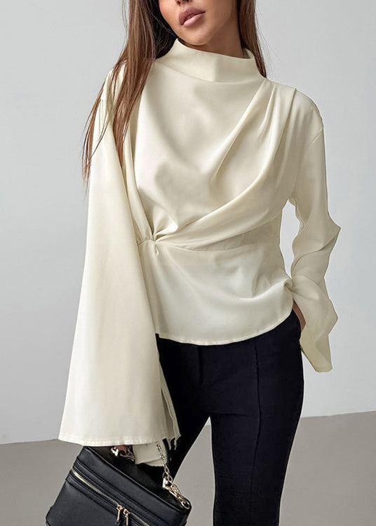 French Beige Semi High Neck Irregular Chiffon Shirt Long Sleeves
