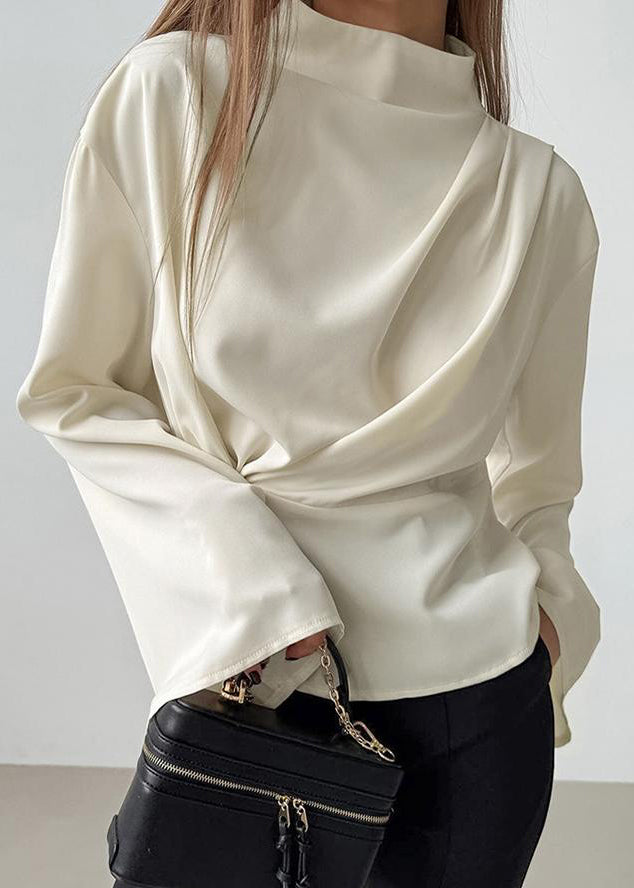 French Beige Semi High Neck Irregular Chiffon Shirt Long Sleeves