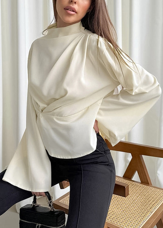 French Beige Semi High Neck Irregular Chiffon Shirt Long Sleeves