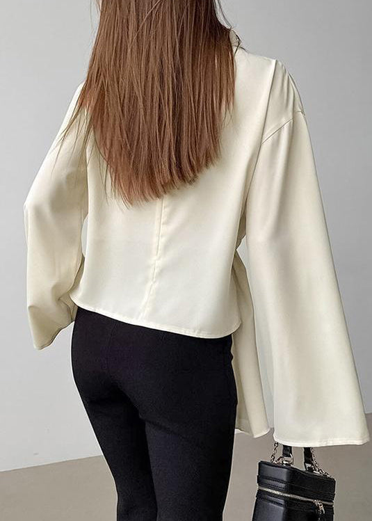 French Beige Semi High Neck Irregular Chiffon Shirt Long Sleeves