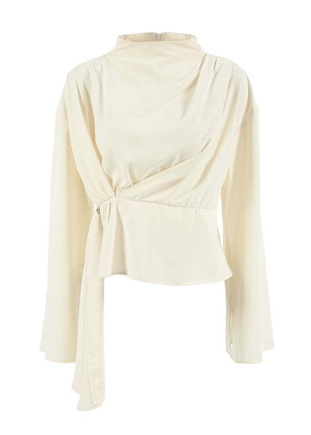 French Beige Semi High Neck Irregular Chiffon Shirt Long Sleeves