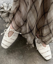 French Beige Sheepskin Bow Splicing Hollow Out Sandals