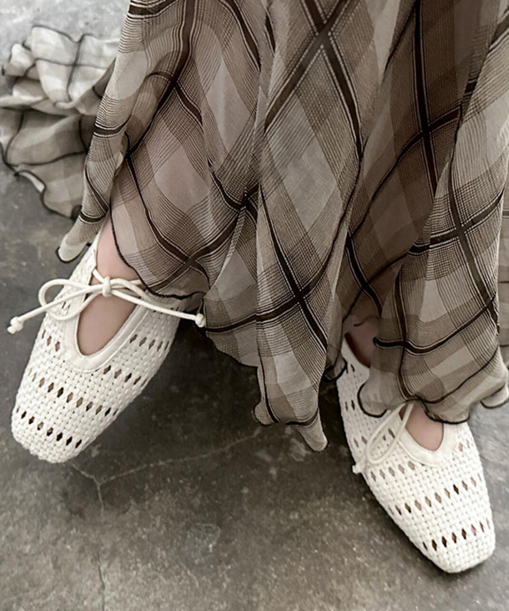 French Beige Sheepskin Bow Splicing Hollow Out Sandals