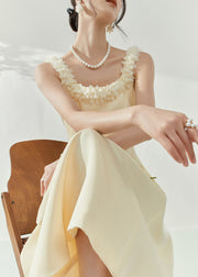 French Beige Square Collar Floral Maxi Dresses Sleeveless