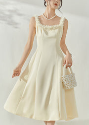 French Beige Square Collar Floral Maxi Dresses Sleeveless