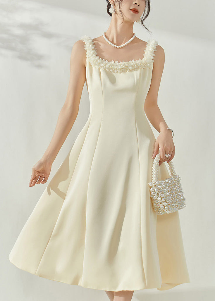 French Beige Square Collar Floral Maxi Dresses Sleeveless