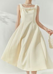 French Beige Square Collar Floral Maxi Dresses Sleeveless