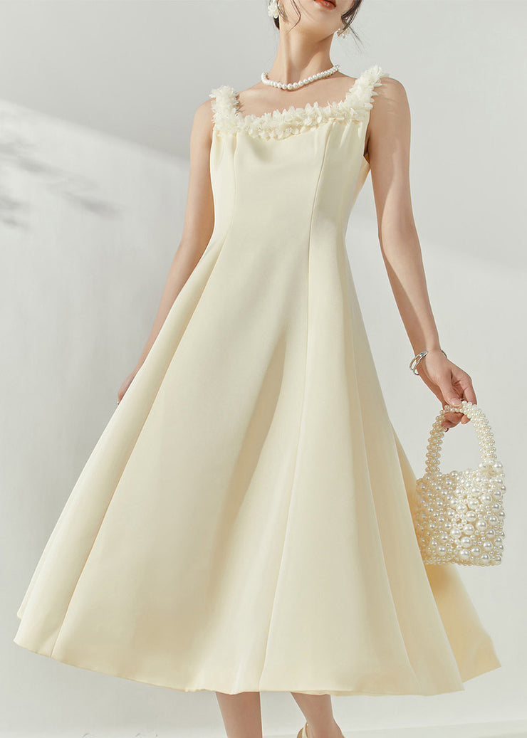 French Beige Square Collar Floral Maxi Dresses Sleeveless