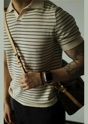 French Beige Striped Cozy Knit Polo Shirt Men Summer