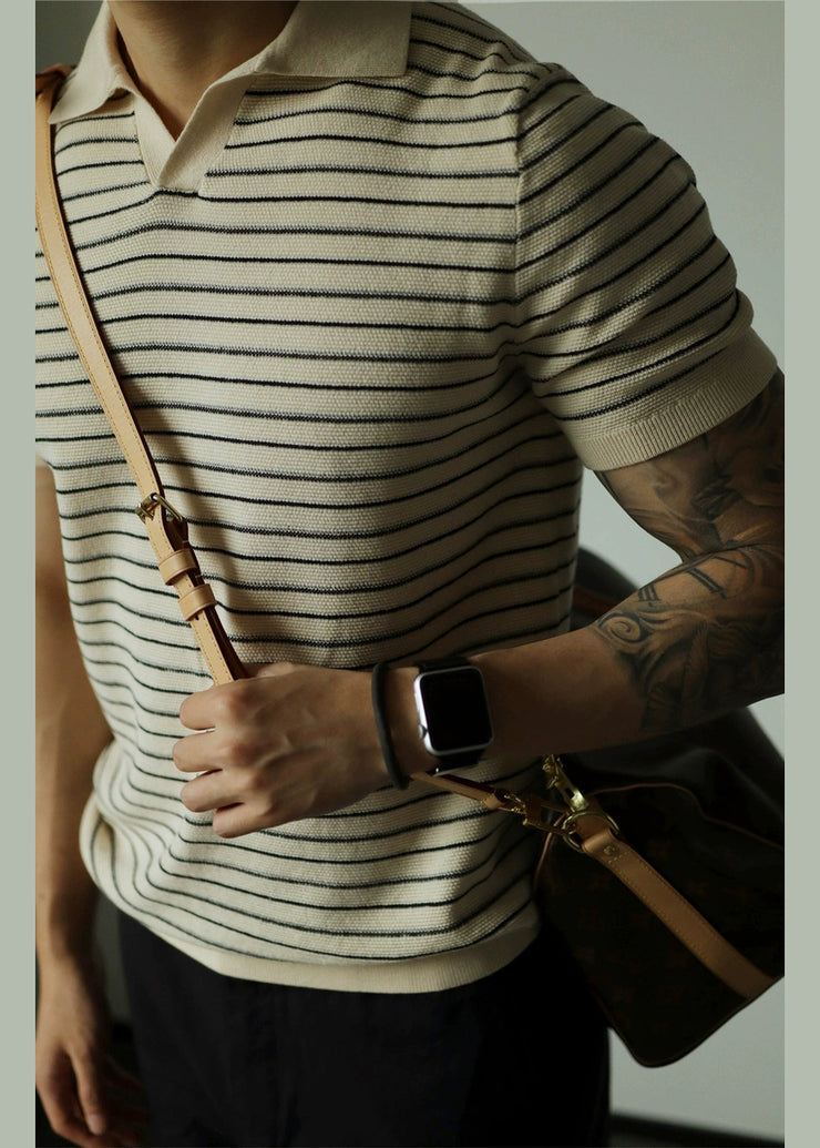 French Beige Striped Cozy Knit Polo Shirt Men Summer
