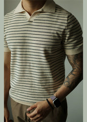French Beige Striped Cozy Knit Polo Shirt Men Summer