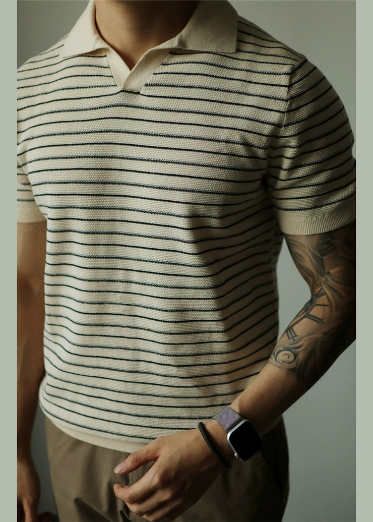 French Beige Striped Cozy Knit Polo Shirt Men Summer