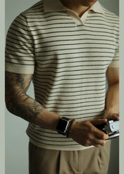 French Beige Striped Cozy Knit Polo Shirt Men Summer