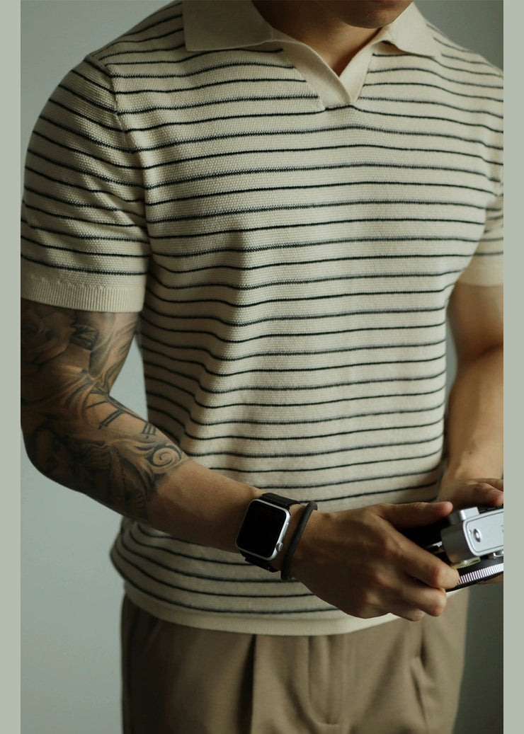 French Beige Striped Cozy Knit Polo Shirt Men Summer