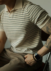 French Beige Striped Cozy Knit Polo Shirt Men Summer