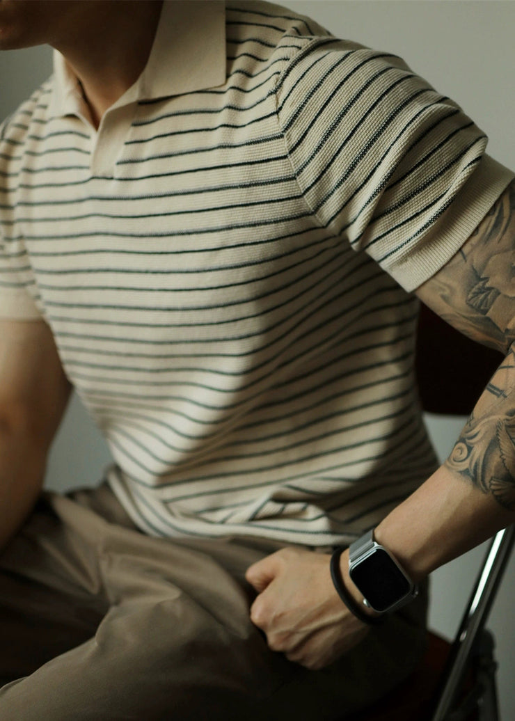 French Beige Striped Cozy Knit Polo Shirt Men Summer