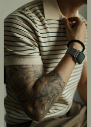 French Beige Striped Cozy Knit Polo Shirt Men Summer