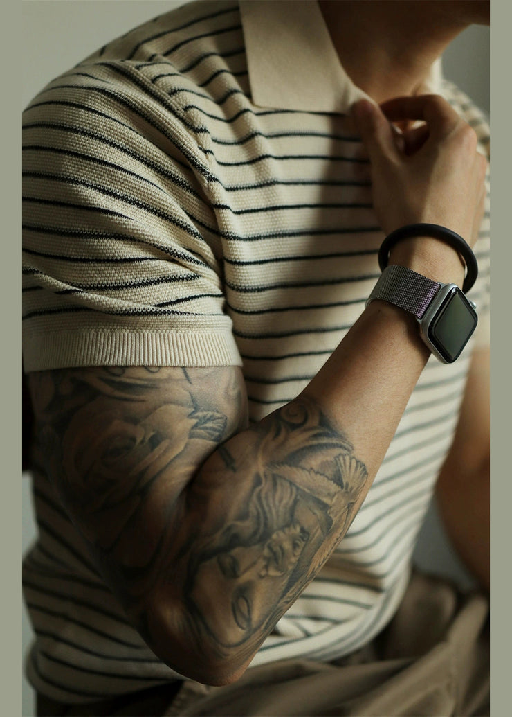 French Beige Striped Cozy Knit Polo Shirt Men Summer