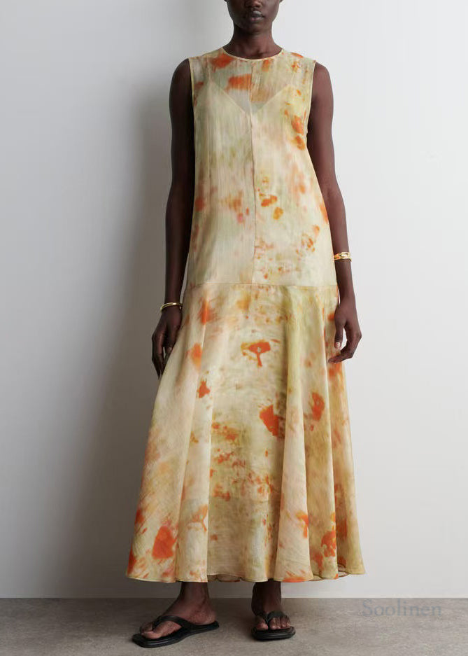French Beige Tie Dye Chiffon Party Dress Sleeveless