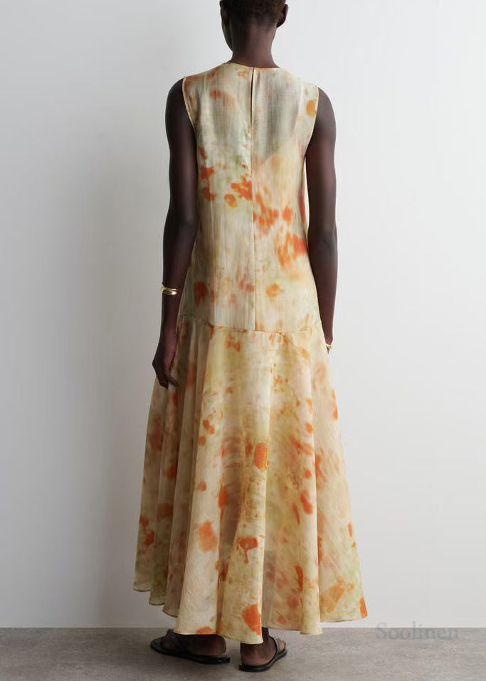French Beige Tie Dye Chiffon Party Dress Sleeveless