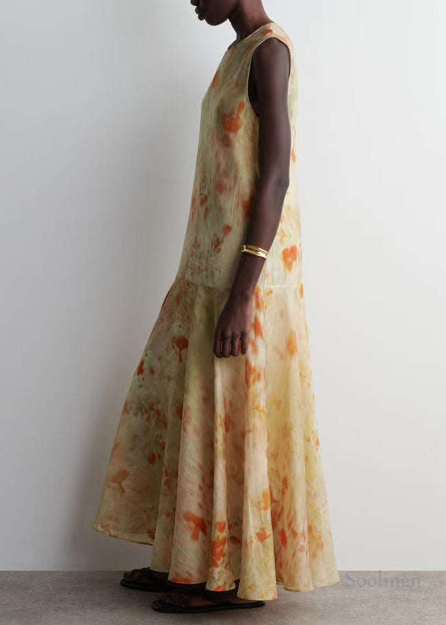 French Beige Tie Dye Chiffon Party Dress Sleeveless
