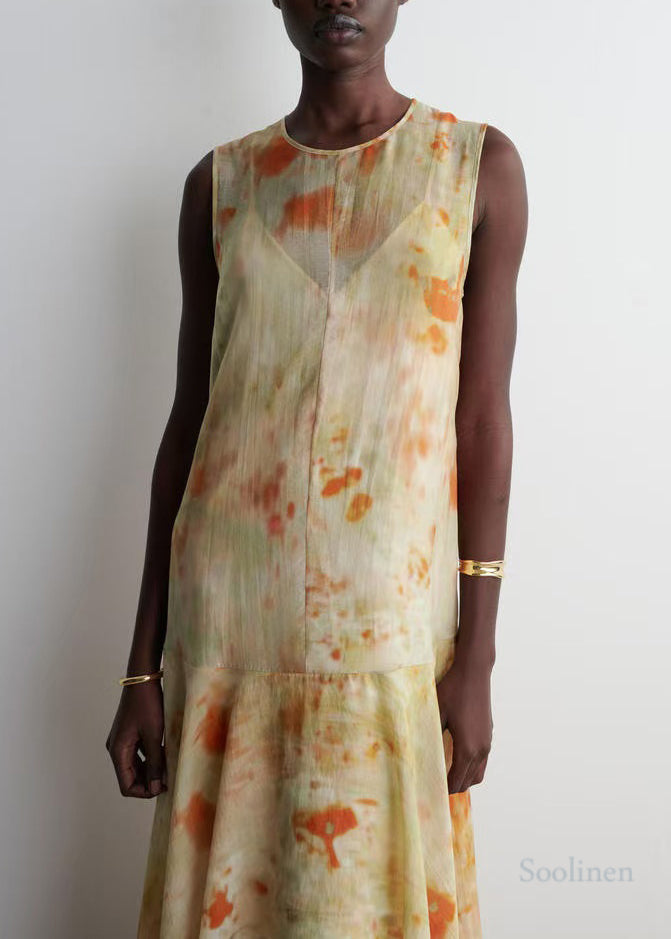 French Beige Tie Dye Chiffon Party Dress Sleeveless