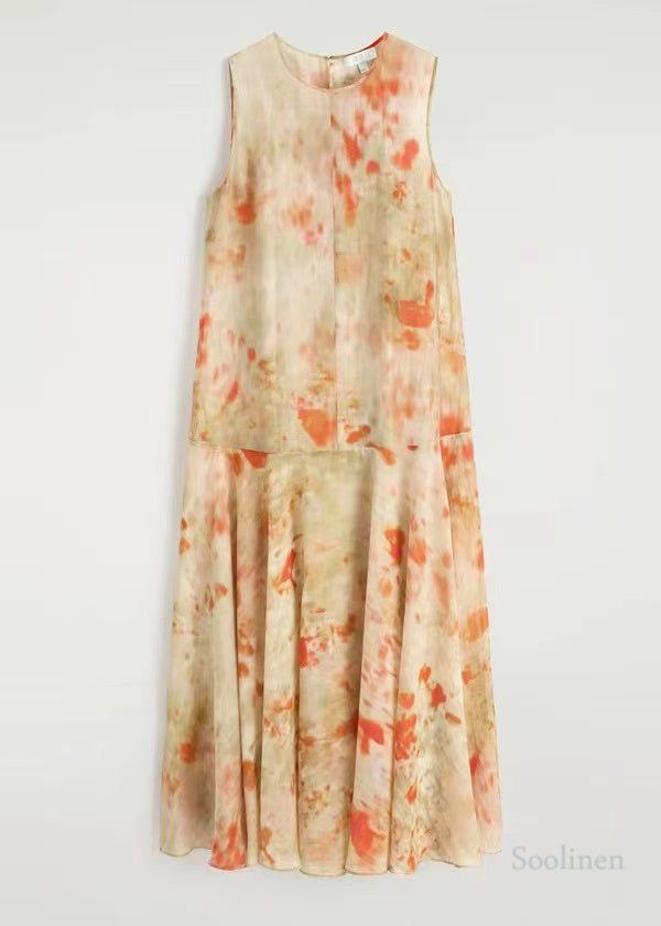 French Beige Tie Dye Chiffon Party Dress Sleeveless