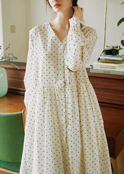 French Beige V Neck Dot Print Button Cotton Dresses Fall