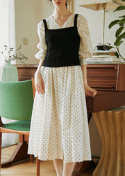 French Beige V Neck Dot Print Button Cotton Dresses Fall