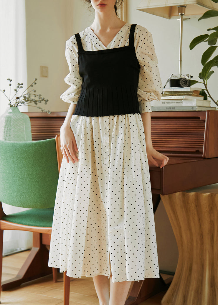 French Beige V Neck Dot Print Button Cotton Dresses Fall