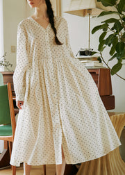 French Beige V Neck Dot Print Button Cotton Dresses Fall