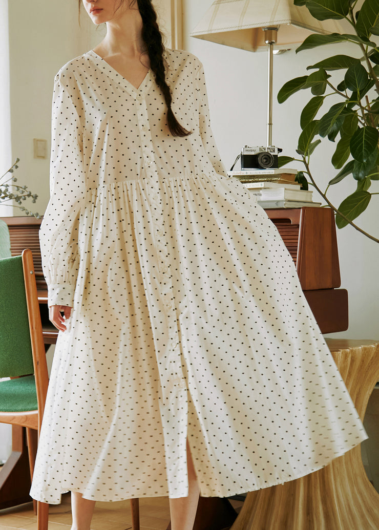 French Beige V Neck Dot Print Button Cotton Dresses Fall