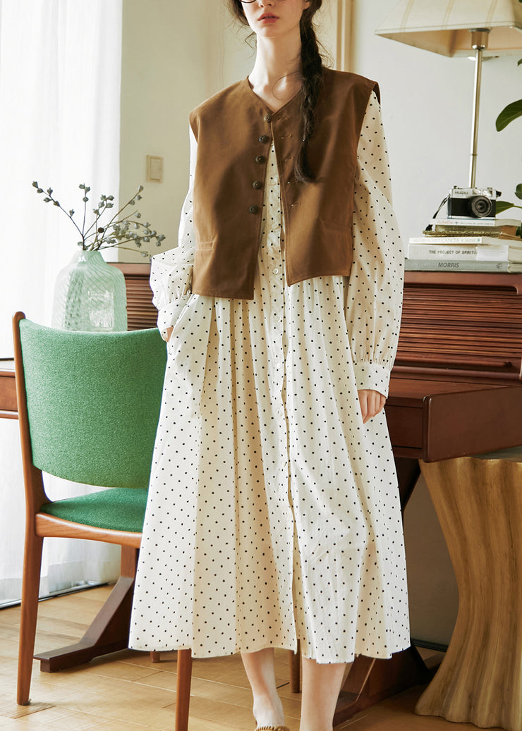 French Beige V Neck Dot Print Button Cotton Dresses Fall