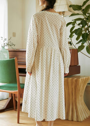 French Beige V Neck Dot Print Button Cotton Dresses Fall