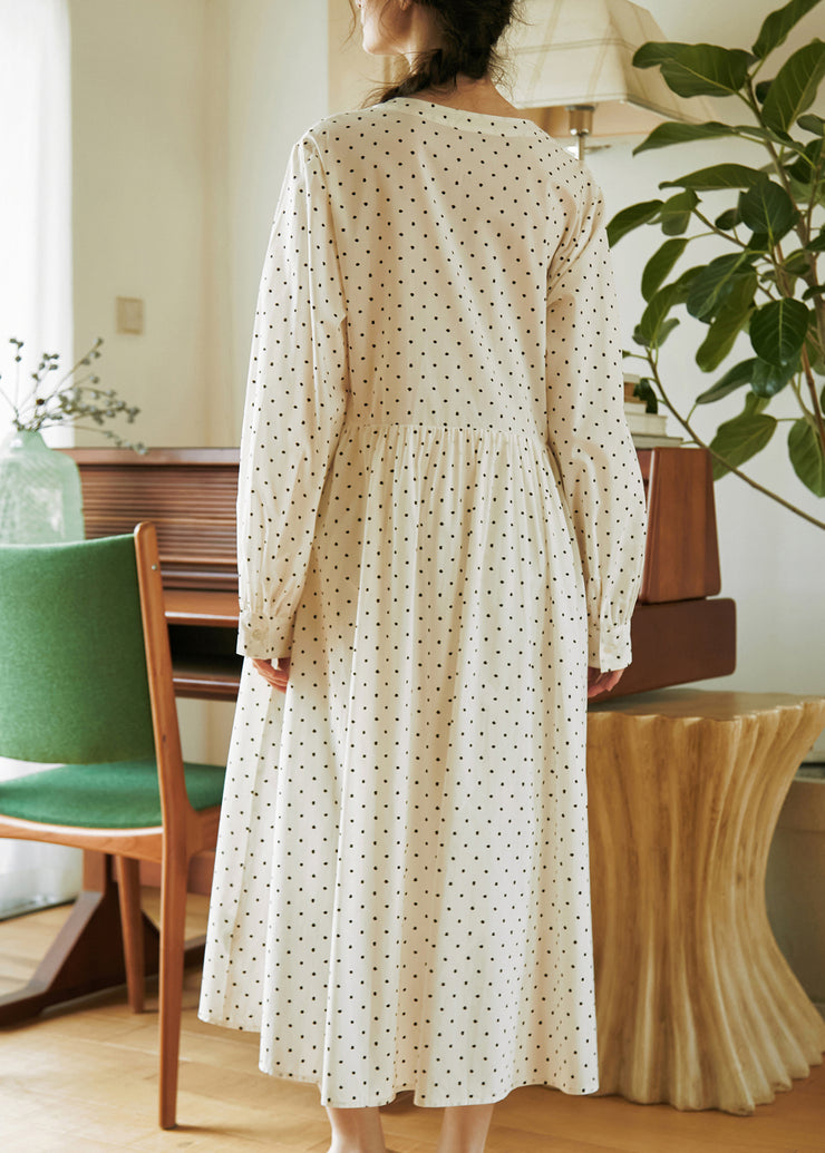 French Beige V Neck Dot Print Button Cotton Dresses Fall