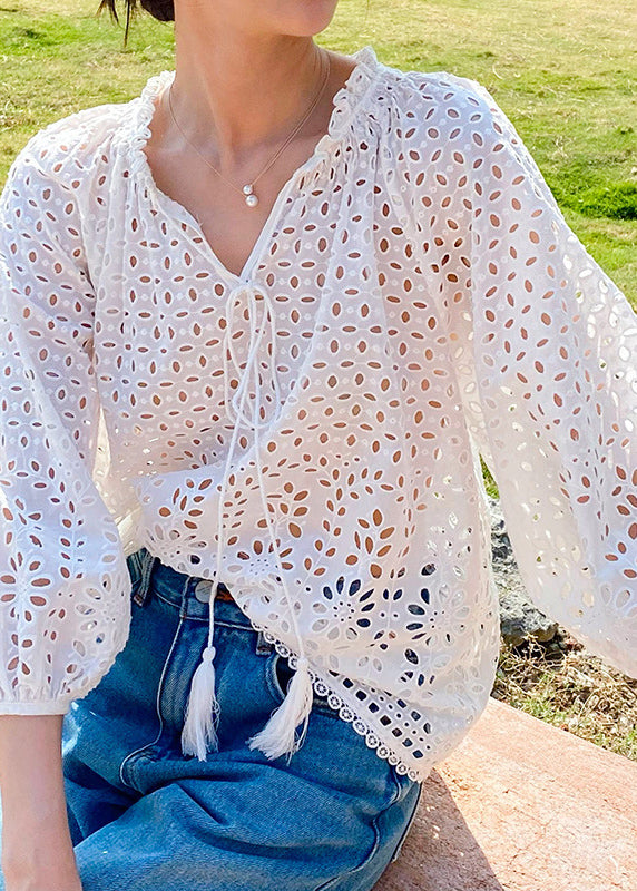 French Beige V Neck Hollow Out Cotton Shirt Spring