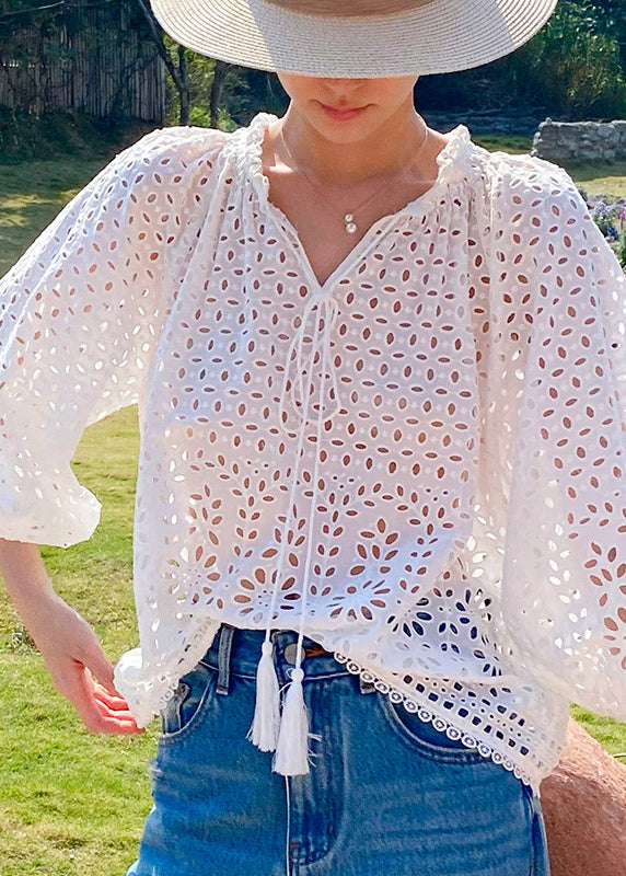 French Beige V Neck Hollow Out Cotton Shirt Spring