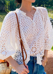French Beige V Neck Hollow Out Cotton Shirt Spring