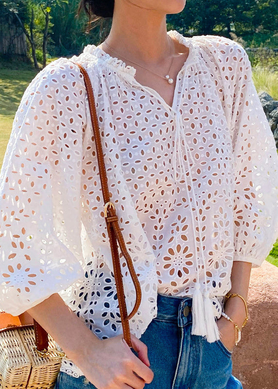 French Beige V Neck Hollow Out Cotton Shirt Spring