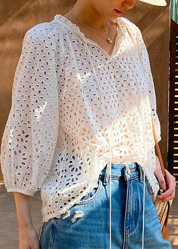 French Beige V Neck Hollow Out Cotton Shirt Spring