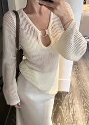 French Beige V Neck Hollow Out Knit Shirts Flare Sleeve