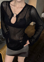 French Beige V Neck Hollow Out Knit Shirts Flare Sleeve