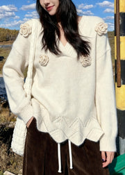 French Beige V Neck Hollow Out Rose Thick Cotton Knit Sweater Fall