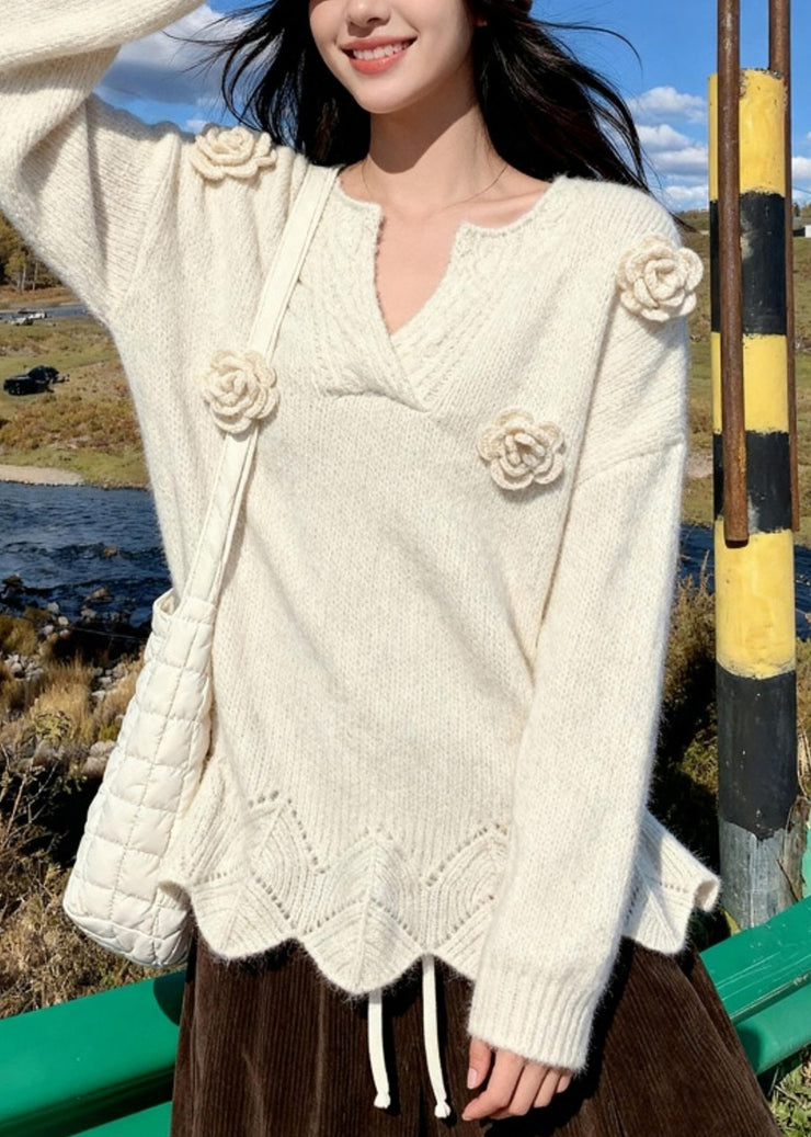 French Beige V Neck Hollow Out Rose Thick Cotton Knit Sweater Fall