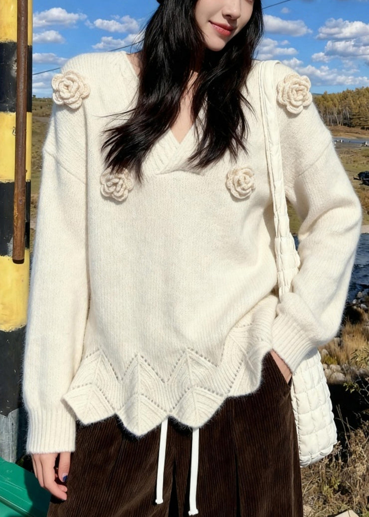 French Beige V Neck Hollow Out Rose Thick Cotton Knit Sweater Fall