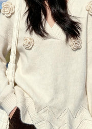 French Beige V Neck Hollow Out Rose Thick Cotton Knit Sweater Fall