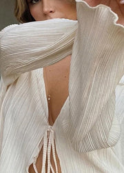 French Beige V Neck Lace Up Top Flare Sleeve