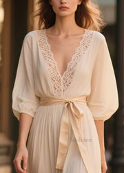 French Beige V Neck Patchwork Lace Chiffon Tunic Dress Summer
