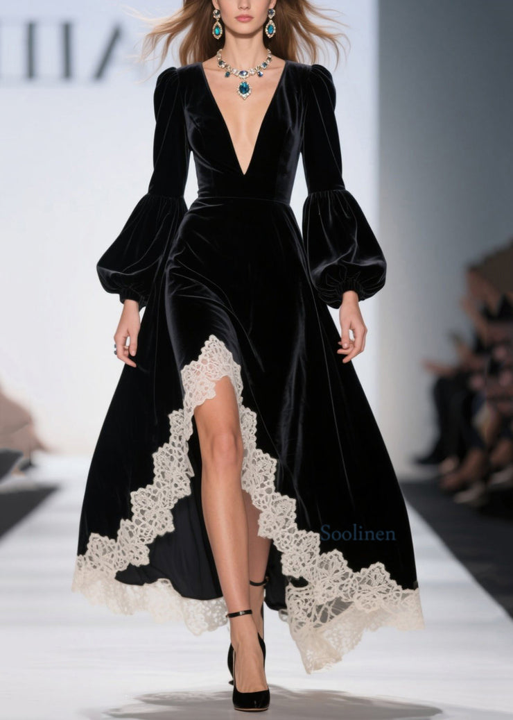 French Black Asymmetrical Lace Patchwork Velvet Dresses Fall